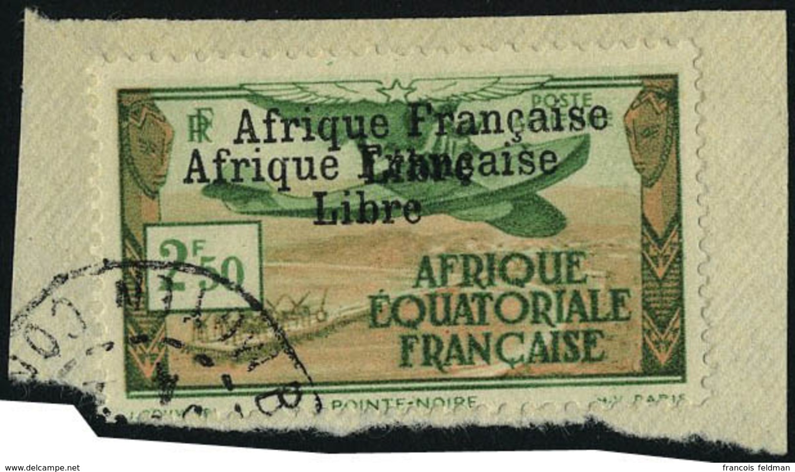 Fragment N° 15b, 2f50 Afrique Francaise Libre, Double Surcharge Sur Petit Fragment, T.B. Signé JF Brun - Sonstige & Ohne Zuordnung