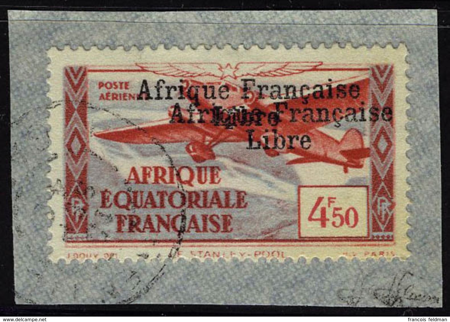 Fragment N° 17a, 4f50 Afrique Française Libre, Double Surcharge Obl.sur Petit Fragment, T.B. Signé JF Brun - Sonstige & Ohne Zuordnung