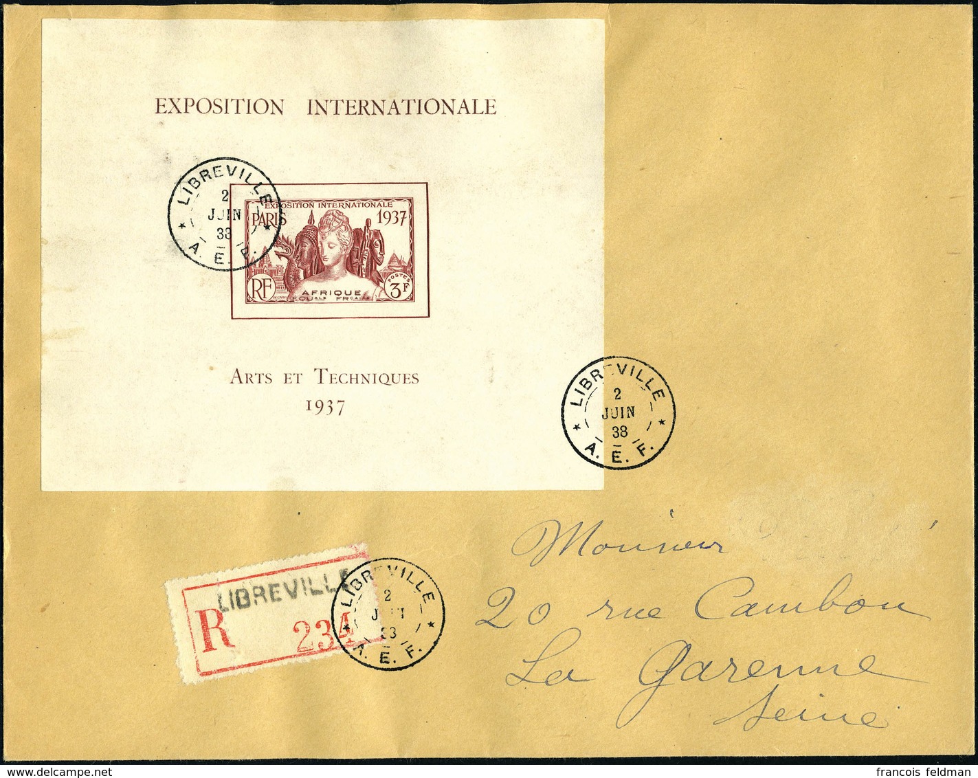 Lettre N° 1, Le Bloc Expo De Paris, Seul Sur Lettre Recommandée De Libreville (2.6.38) Pour La Garenne-Colombes, T.B. - Altri & Non Classificati