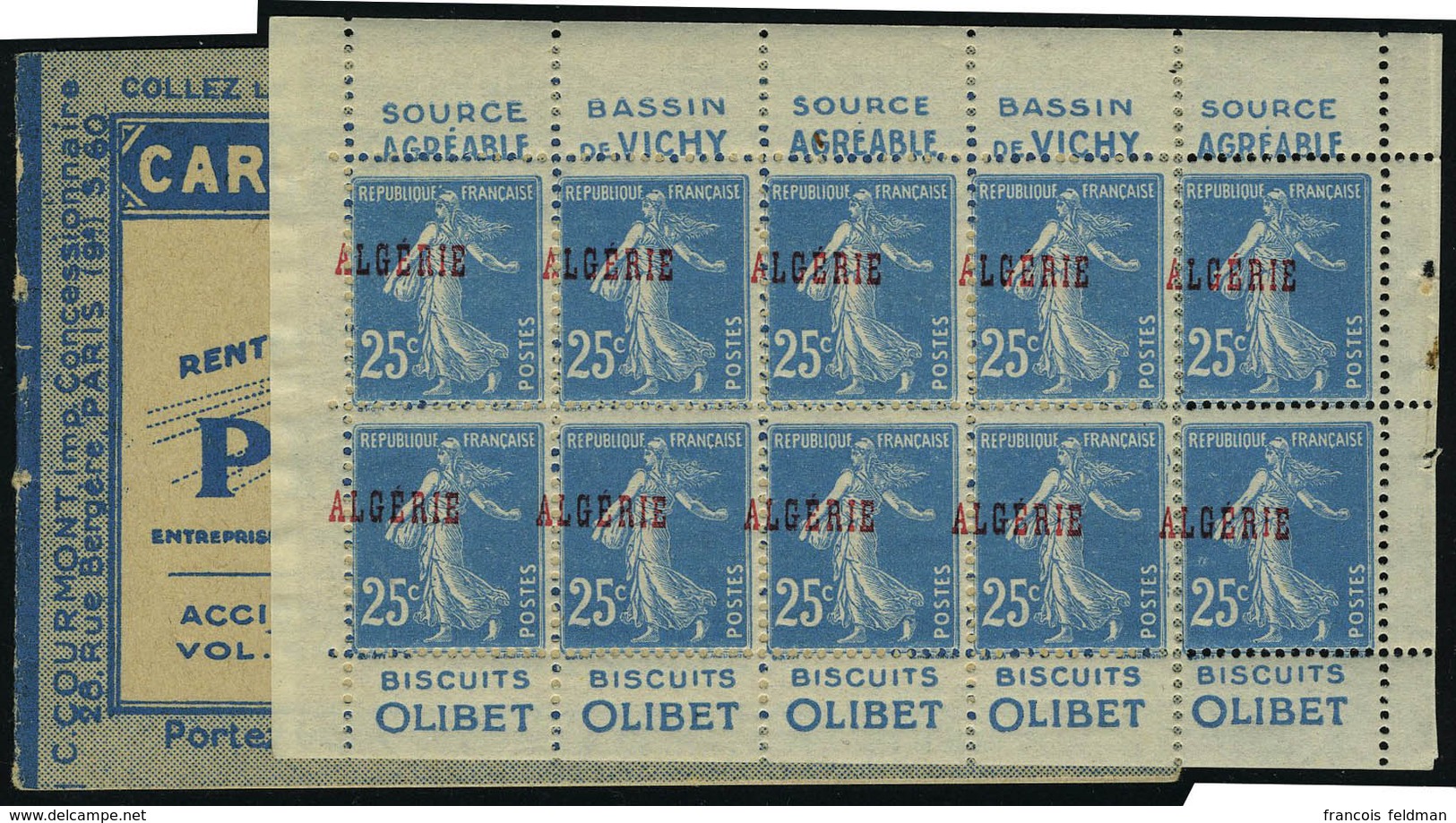 Neuf Sans Charnière N° 14, 25c Bleu, Bloc De 10 Avec Pub, 1/2 Carnet, Vichy-Olibet, Surcharge Algerie  à Cheval, Superbe - Altri & Non Classificati