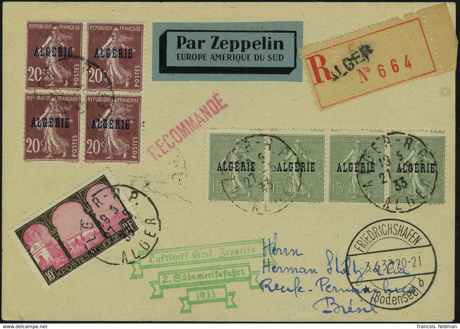 Lettre Zeppelin 2è SAF 1933 CP Recommandée D'Alger 27.5.33 Càd De Transit Friedrichshafen 3.6.33 Pour Recife, Affranchis - Autres & Non Classés