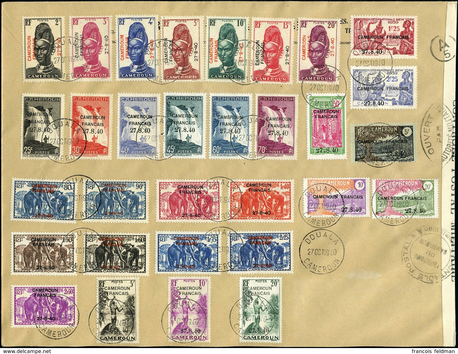 Lettre N° 202/232, Les 31 Valeurs Surchargées Cameroun Français Sur Même Enveloppe Càd Douala 27 Oct.1940, Cachets Et Ba - Altri & Non Classificati