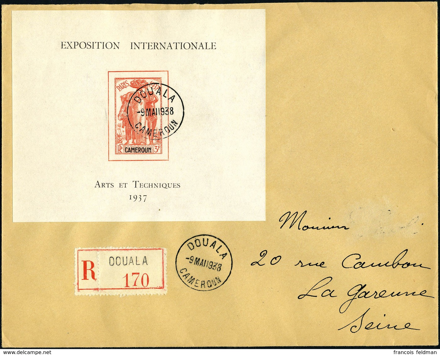 Lettre N° 1, Le Bloc Expo De Paris, Seul Sur Lettre Recommandée De Douala (9.5.38) Pour La Garenne Colombes, Arrivée Au  - Sonstige & Ohne Zuordnung