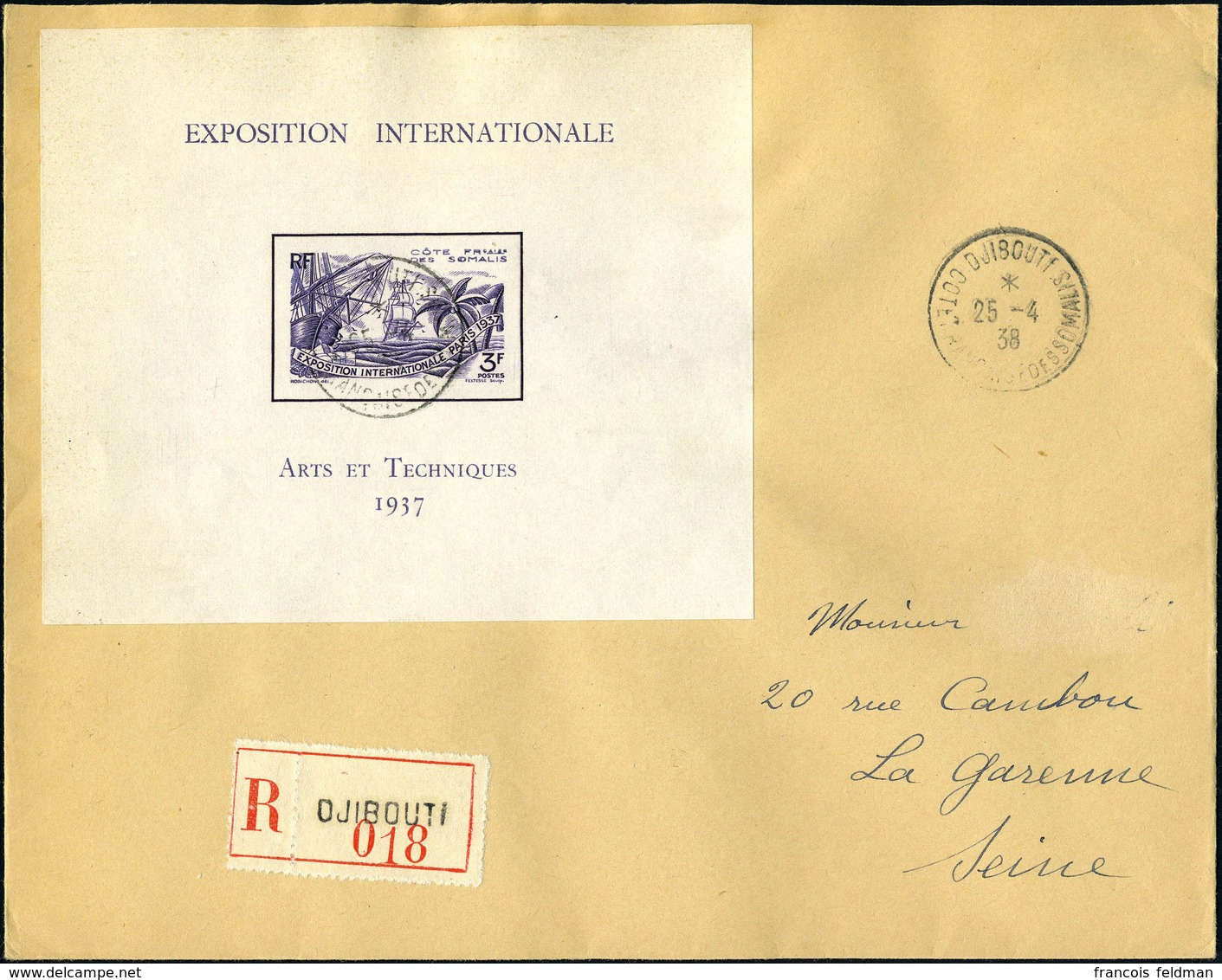 Lettre N° 1, Le Bloc Expo De Paris, Seul Sur Lettre Recommandée De Djibouti (25.4.38) Pour La Garenne-Colombes, Arrivée  - Altri & Non Classificati