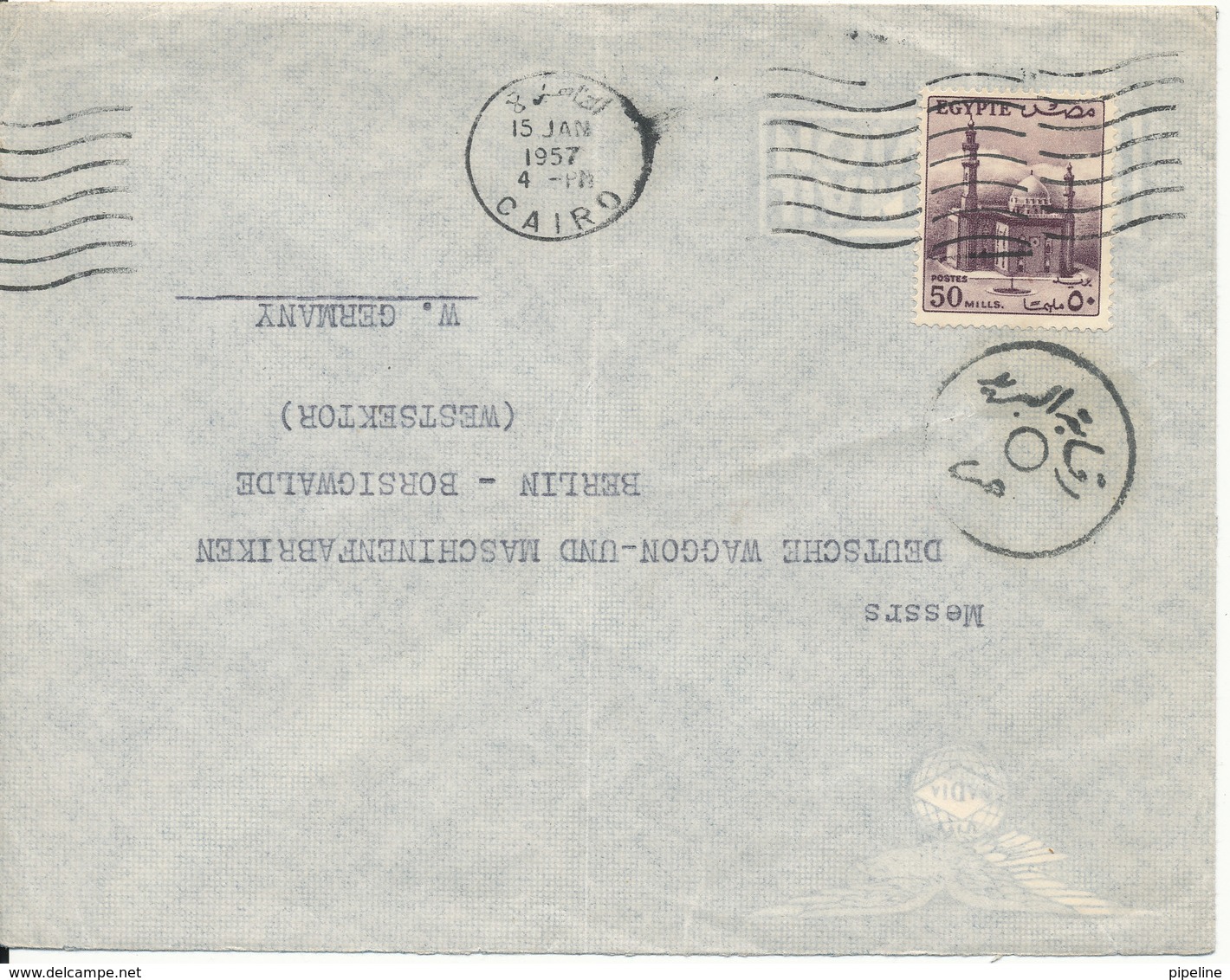 Egypt Air Mail Cover Sent To Germany 15-1-1957 Single Stamped - Covers & Documents