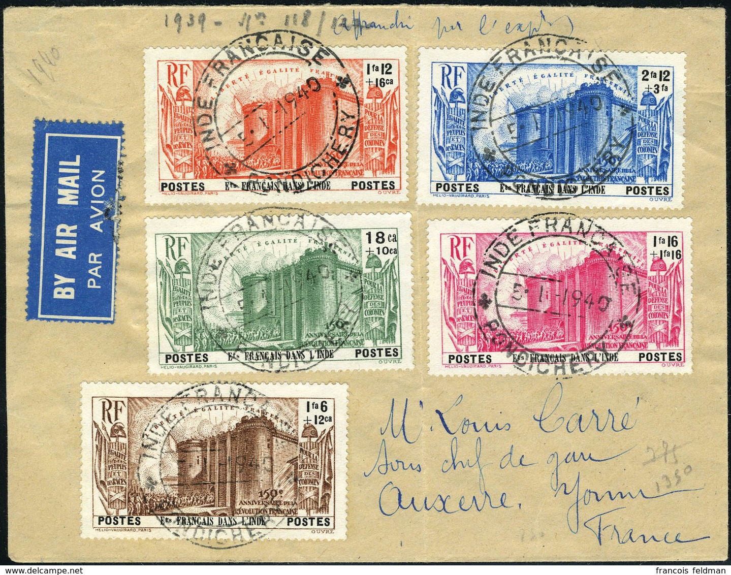 Lettre N° 118/22, 150ème Anniversaire De La Révolution Sur Lettre Càd Pondichéry 5.1.1940 Pour Auxerre Avec Arrivée, T.B - Altri & Non Classificati