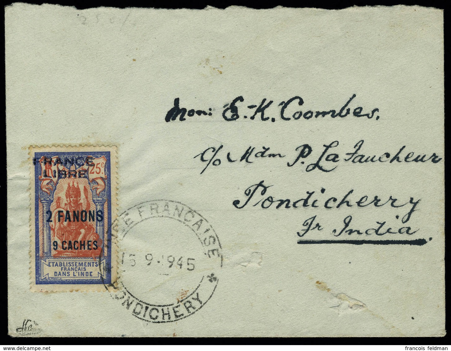 Lettre N° 131, 2fa 9ca France Libre, Obl. 15.9.45 Sur L Locale, T.B. Rare, Signé Brun, Maury - Altri & Non Classificati