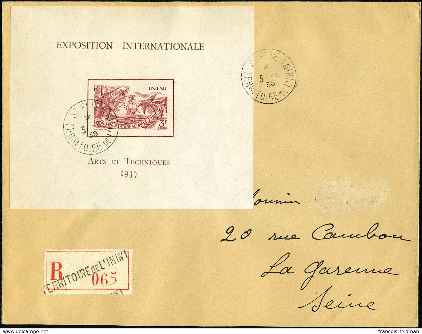 Lettre N° 1, Le Bloc Expo De Paris Seul Sur Lettre Recommabdée De Saint Elie (3.6.38) Pour La Garenne-Colombes, Arrivée  - Sonstige & Ohne Zuordnung