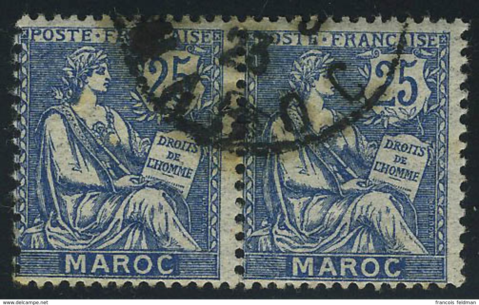 Oblitéré N° 89A, 25c Bleu Sans Surcharge Tanger, Paire Hor. T.B. RRR - Altri & Non Classificati