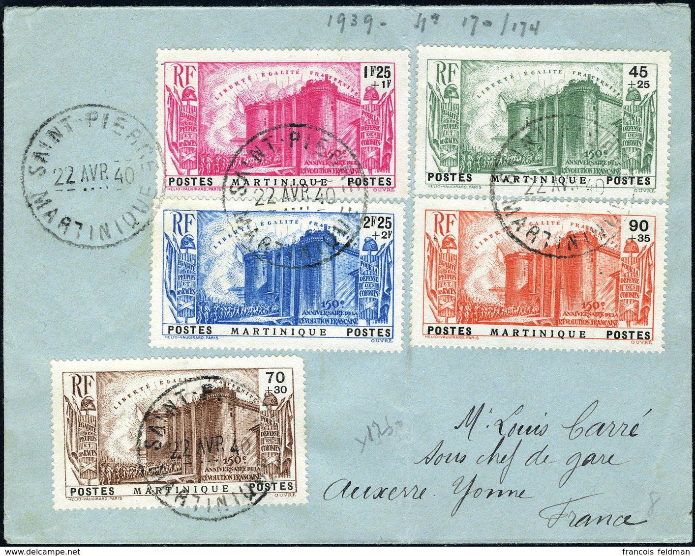 Lettre N° 170/74, 150ème Anniversaire De La Révolution, Sur Lettre Càd Saint-Pierre 22 Avr. 40 Pour Auxerre Avec Arrivée - Altri & Non Classificati