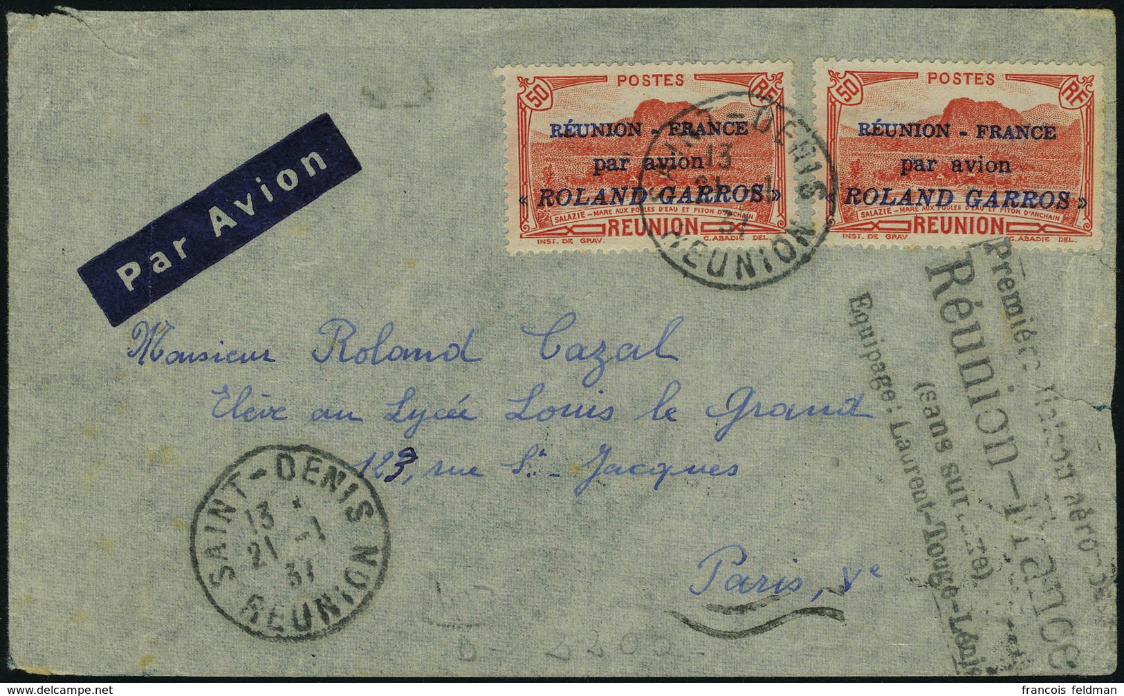 Lettre N° 1, 50c Roland Garros X 2ex Sur L Càd Saint Denis 21.1.37 Por Paris, Cachet Première Liaison  Aéropostale Réuni - Sonstige & Ohne Zuordnung