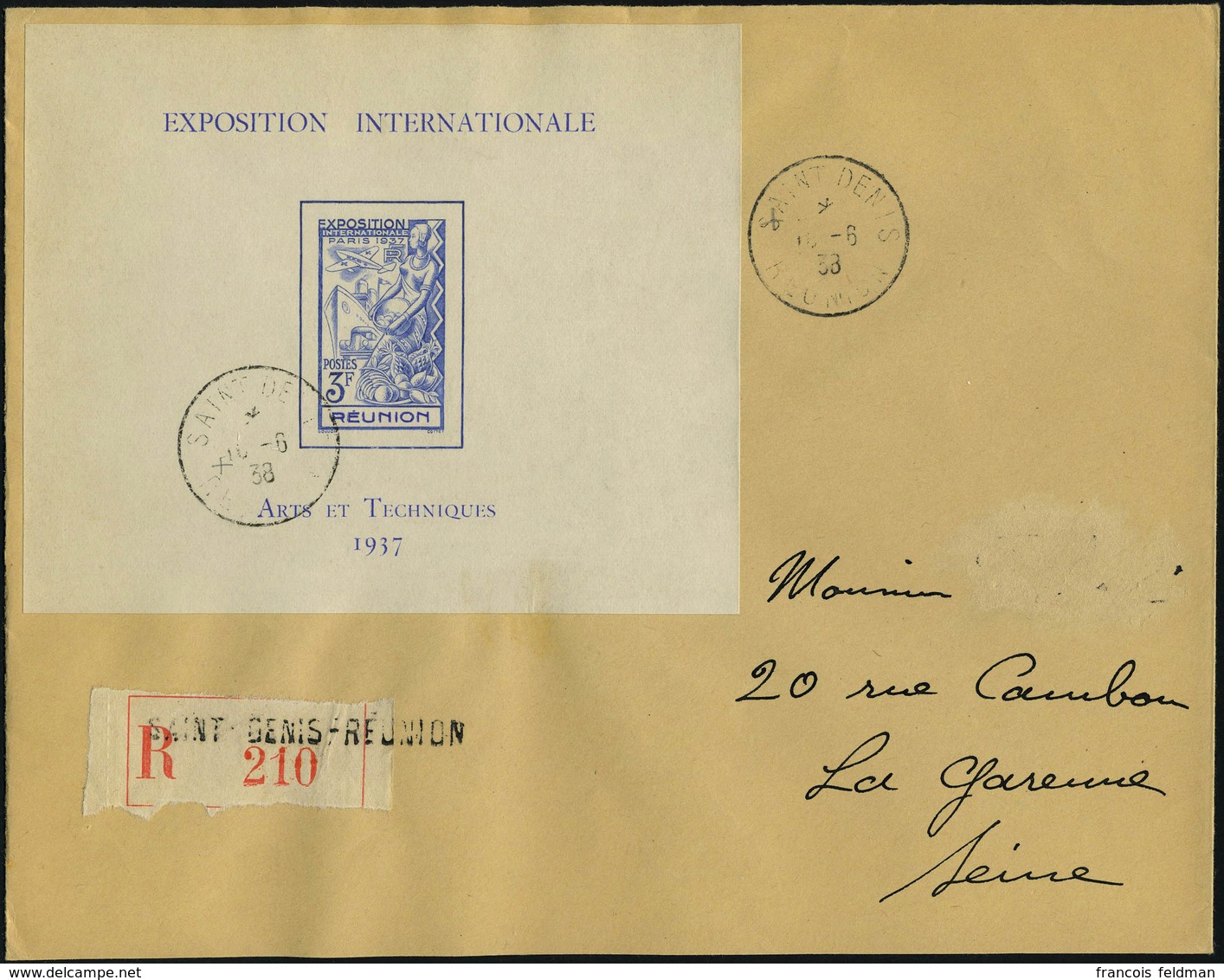 Lettre N° 1, Le Bloc Expo De Paris, Seul Sur Lettre Recommandée De Saint-Denis (10.6.38) Pour La Garenne-Colombes, Arriv - Sonstige & Ohne Zuordnung