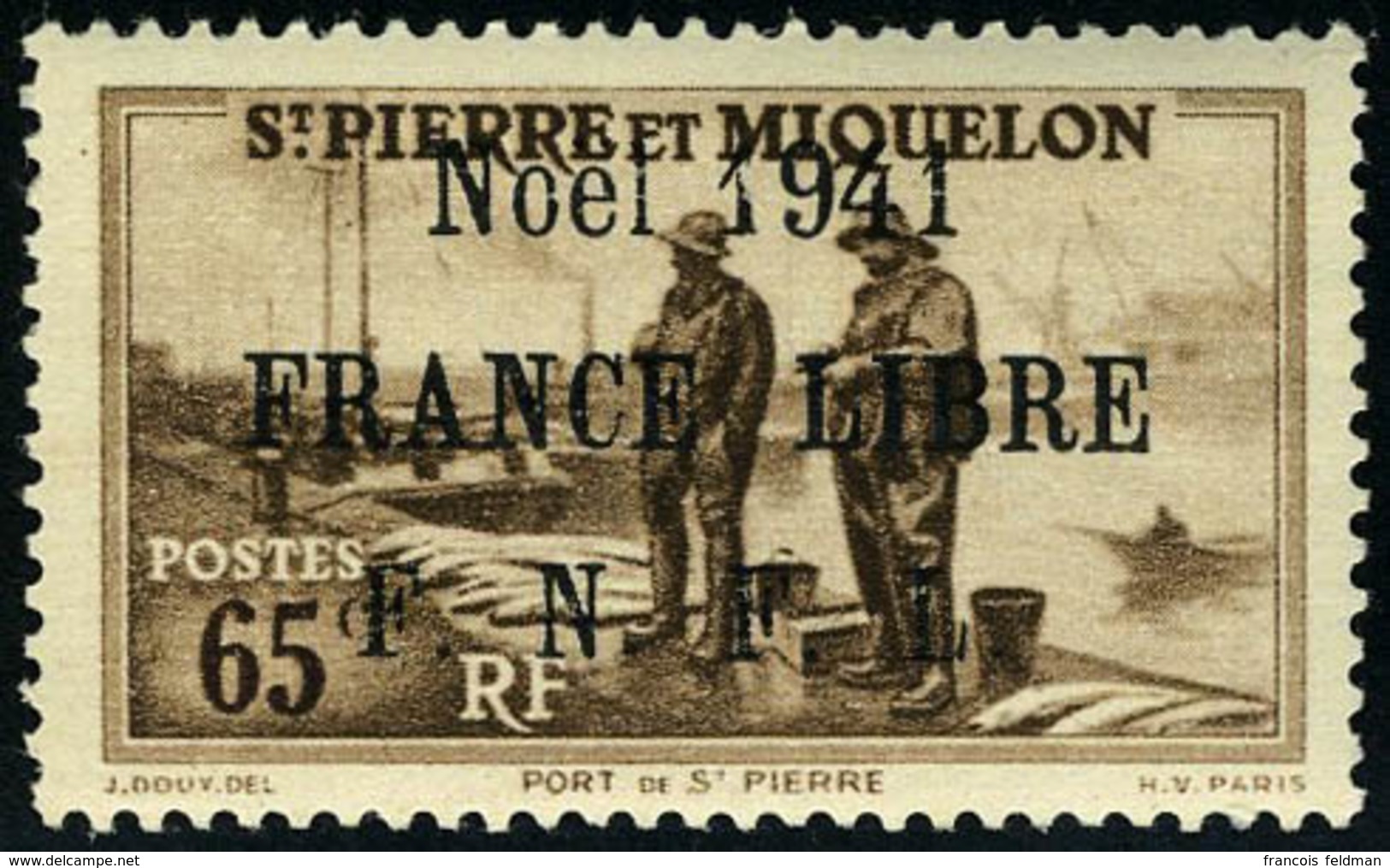 Neuf Sans Charnière N° 217B, 65c Brun, Noël 1941 France Libre, Surcharge Noire, T.B., Signé A.Brun - Autres & Non Classés
