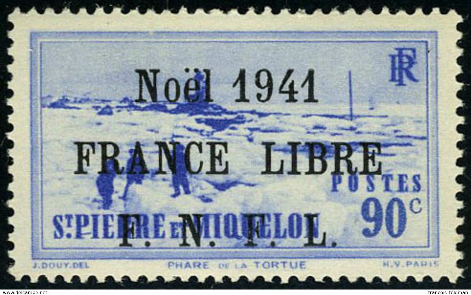 Neuf Sans Charnière N° 220B, 90c Outremer, Noël 1941 France Libre, Surcharge Noire, T.B. - Altri & Non Classificati