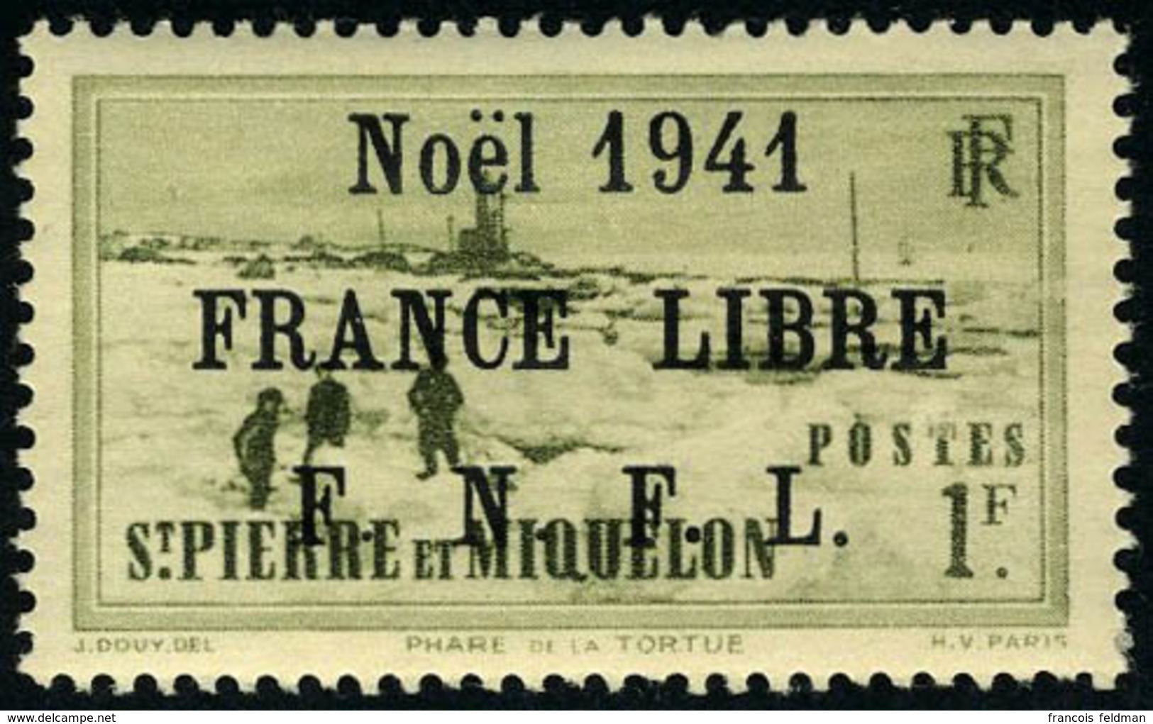 Neuf Sans Charnière N° 221B, 1f Olive, Noël 1941 France Libre, Surcharge Noire, T.B. - Otros & Sin Clasificación