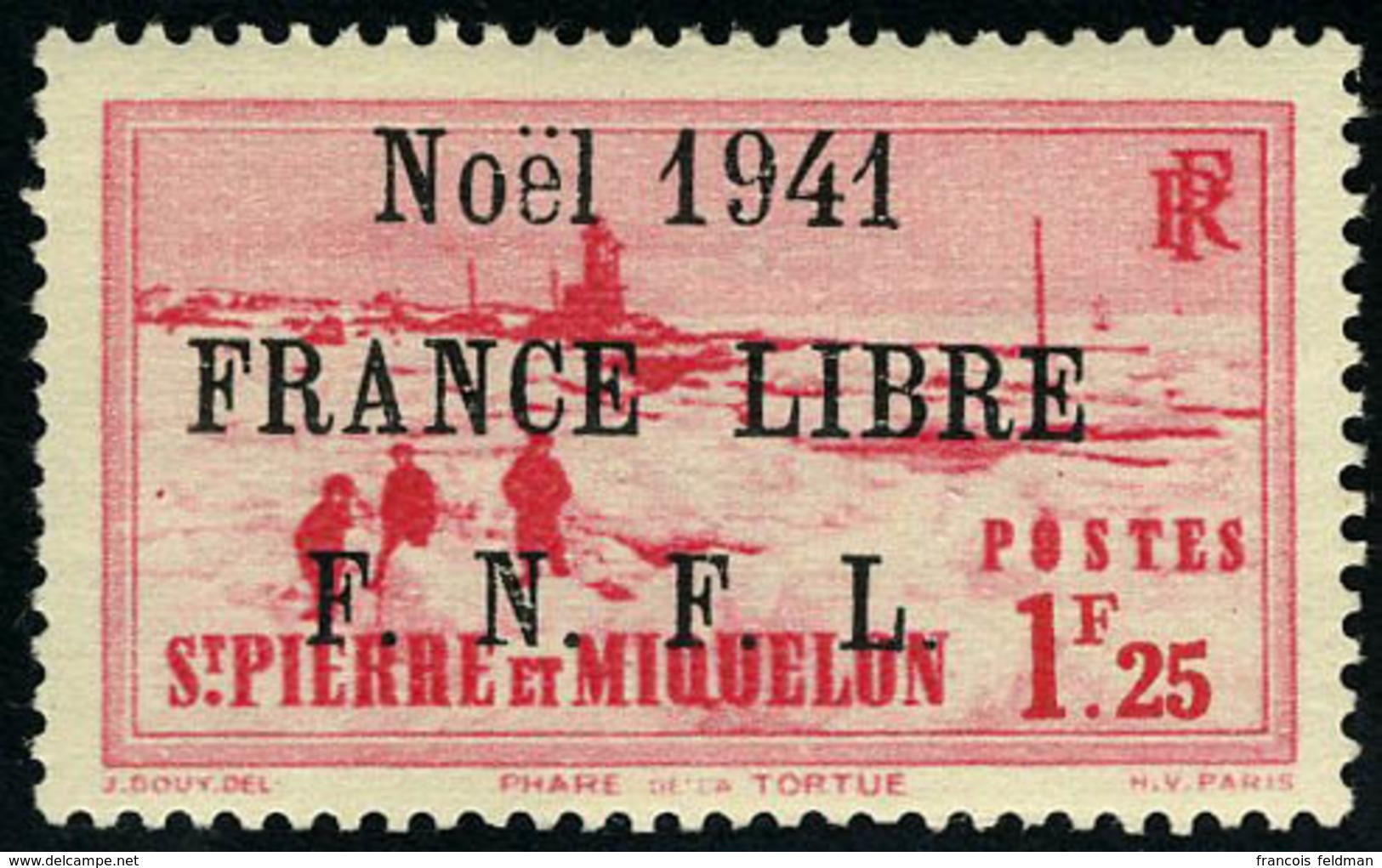 Neuf Sans Charnière N° 222B, 1f25 Rose-rouge, Noël 1941 France Libre, Surcharge Noire, T.B. Signé Calves - Autres & Non Classés