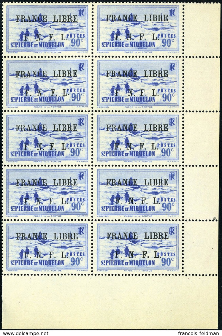 Neuf Sans Charnière N° 262, 90c Bleu, France Libre, Bloc De 10 Timbres, Cdf, Superbe - Autres & Non Classés