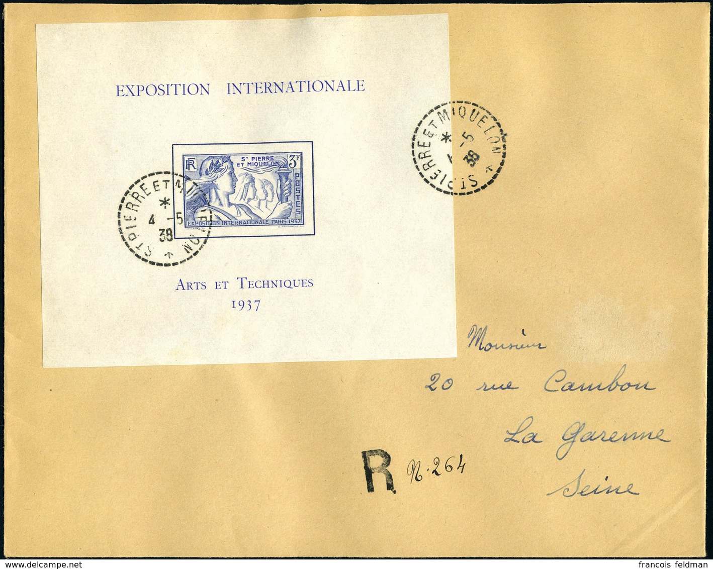 Lettre N° 1, Le Bloc Expo De Paris, Sur Lettre Recommandée De Saint-Pierre-et-Miquelon (4.5.38) Pour La Garenne-Colombes - Sonstige & Ohne Zuordnung