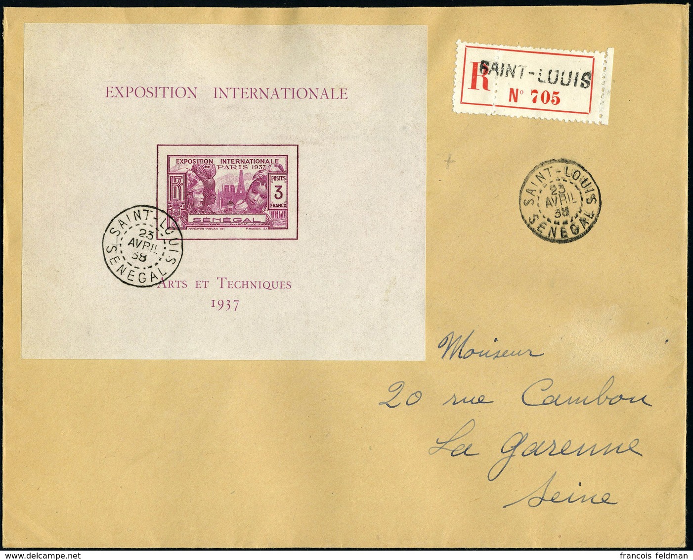 Lettre N° 1, Le Bloc Expo De Paris, Seul Sur Lettre Recommandée De Saint-Louis (25.4.38) Pour La Garenne-Colombes, Arriv - Sonstige & Ohne Zuordnung