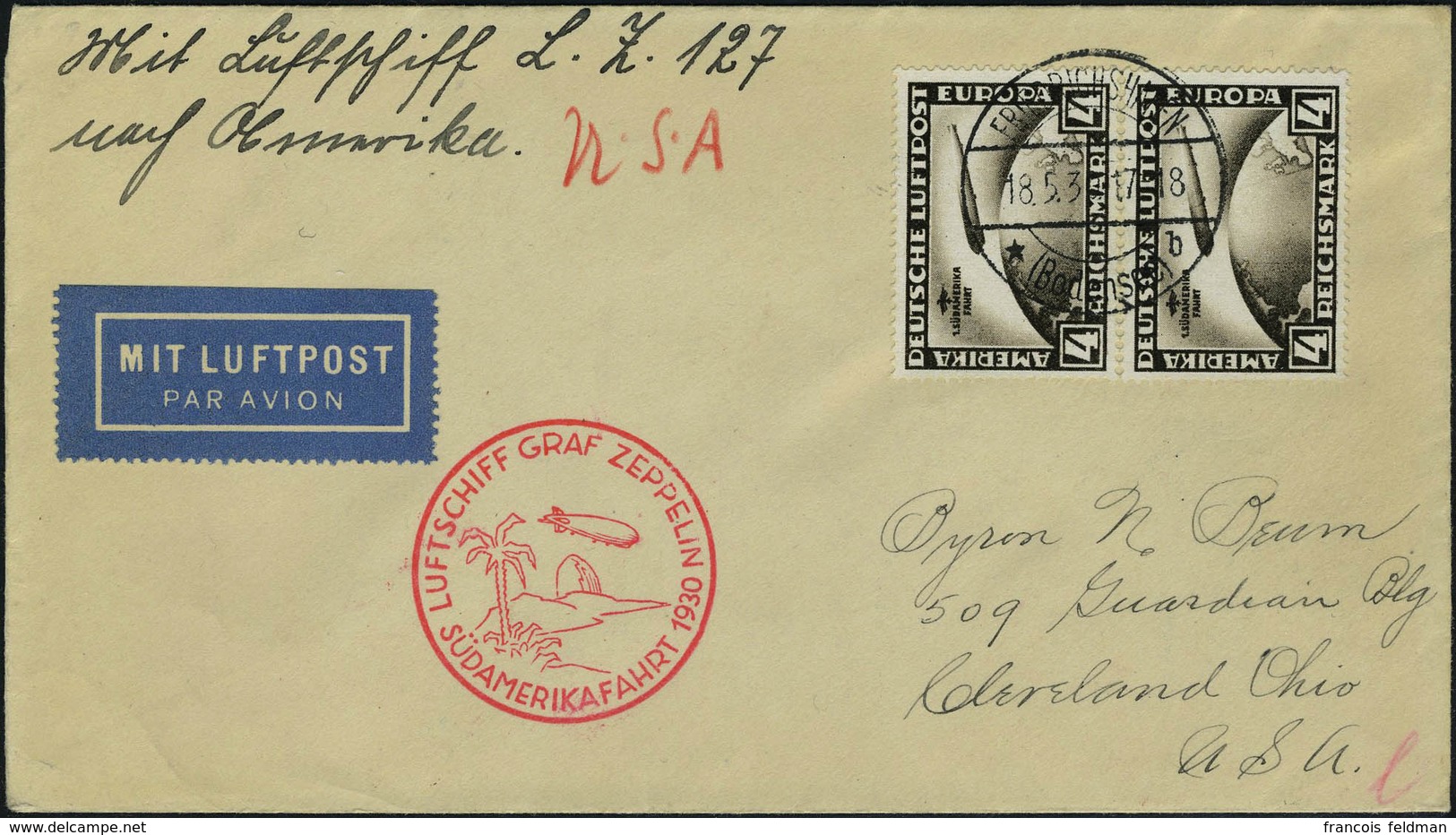 Lettre N° 39, Zeppelin SAF 1930, Paire Verticael Du PA 39 Sur L Càd Friedrichshafen 18.5.30 Pour Cleveland USA, Au Verso - Andere & Zonder Classificatie