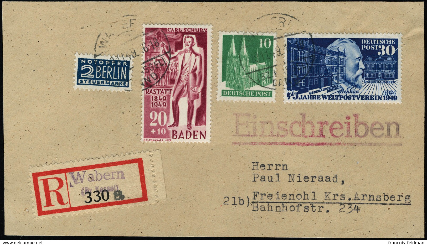 Lettre N°82 + 48A Et 70A + Bade Zone Française N°54, Sur Devant De L.R. De Wabern (19.11.49), Pour Freienohl Krs Arnsber - Sonstige & Ohne Zuordnung