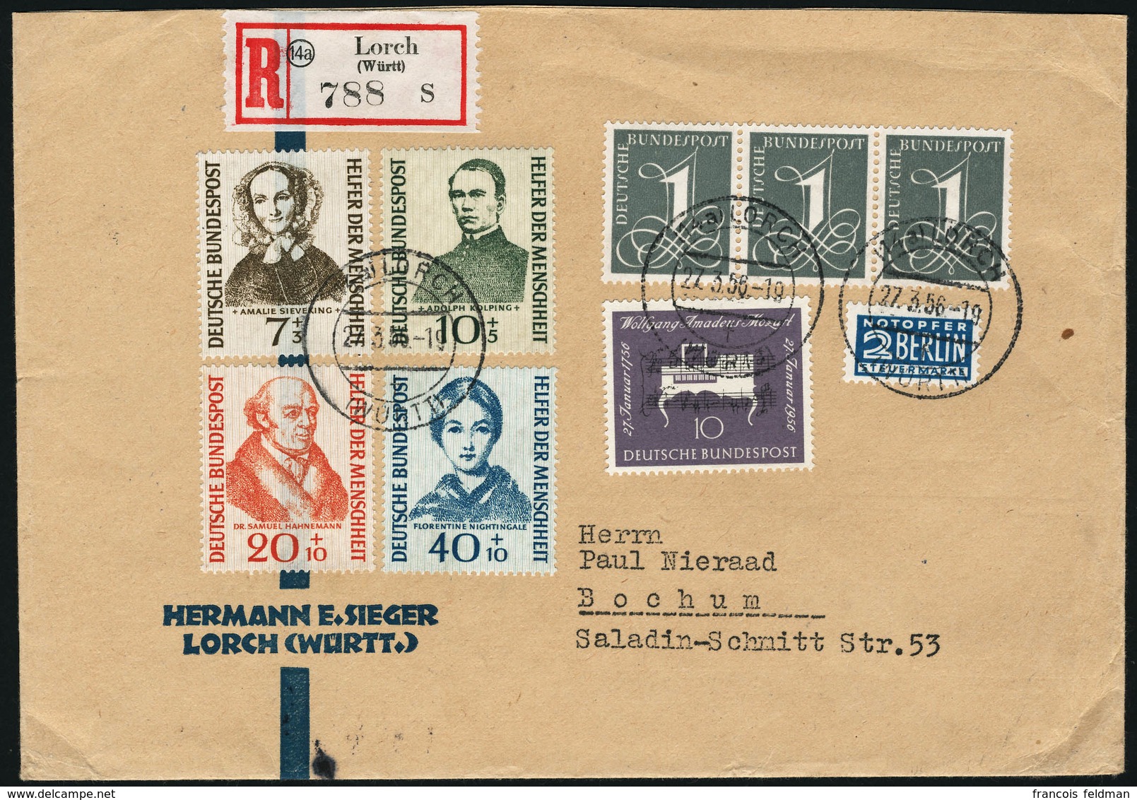 Lettre N°98/101 + N°102x3 Et 105 S/L.R. De Lorch (27.3.56) Pour Bochum Avec Arrivée. T.B. - Altri & Non Classificati