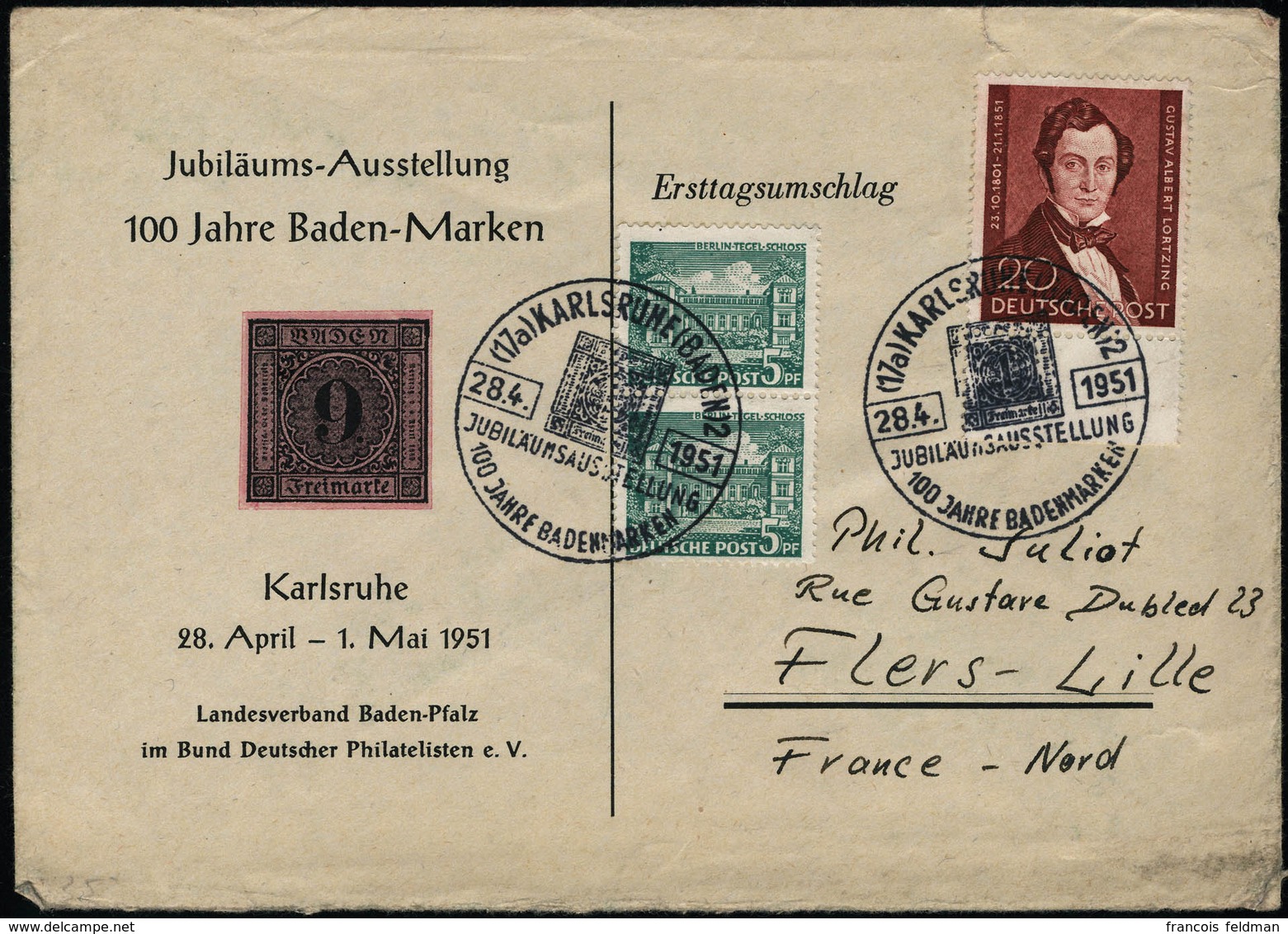 Lettre N° 60. 20p A. Lortzing Sur L. (enveloppe Illustrée 100 Jahre Baden-Marken Càd Illustré 28.4.1951, Pour Flers - Li - Other & Unclassified