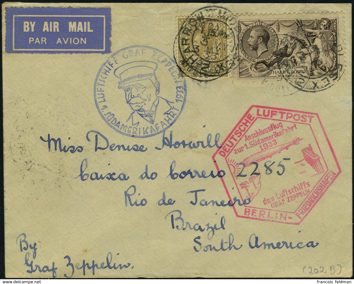 Lettre Zeppelin 1 SAF 1933 L Càd Harrow 3 May 33, 2 Cachets Illustrés 1 Bleu Et 1 Rouge, Pour Rui De Janeiro, Arrivée 10 - Sonstige & Ohne Zuordnung