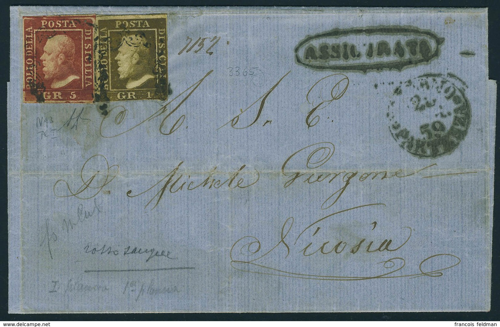 Lettre 1 Gr Brun Rouge + 5g Rouge Sang (Sassone 3 + 9c) Sur L. De 1859, T.B. Signé Diéna - Otros & Sin Clasificación