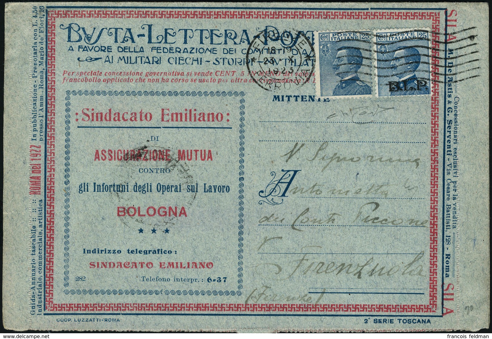 Lettre N°8. 25c Bleu BLP + Affranchissement Complémentaire S/L. T.B. Signé + Certificat Raybaudi. Sassone. - Altri & Non Classificati