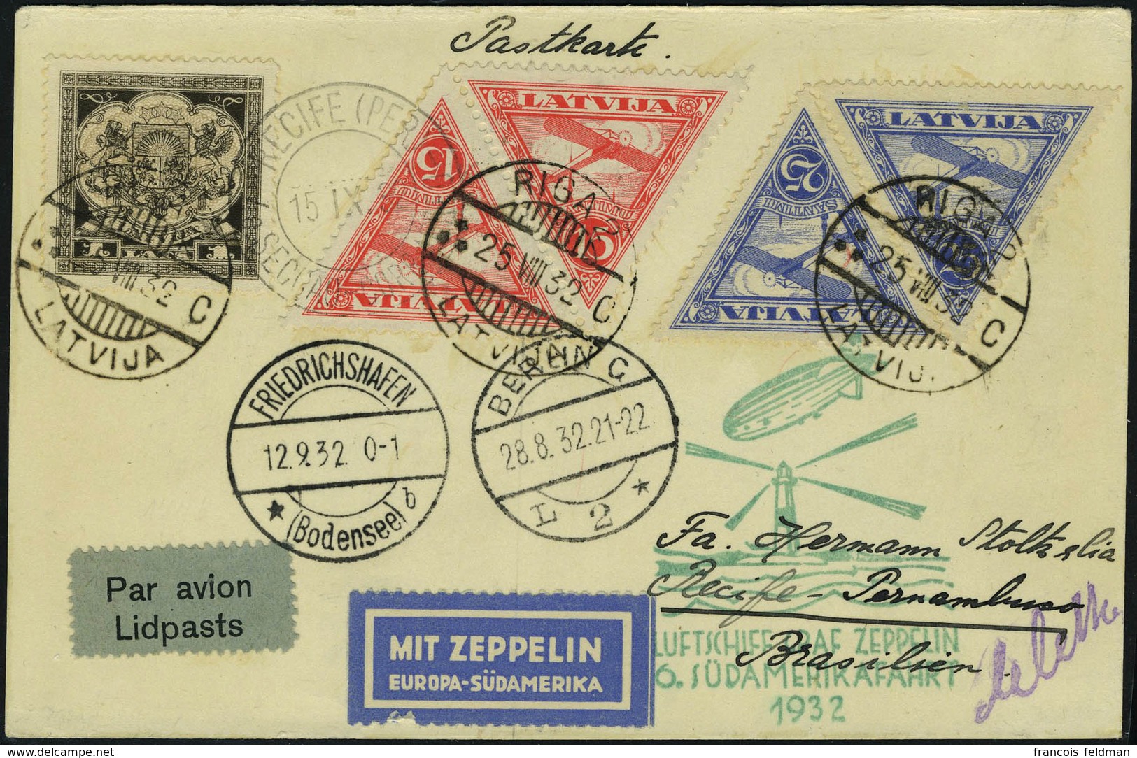 Lettre Zeppelin 6 SAF 1932 Càd Riga 25 VIII 32 Cachet Illustré Vert Du Vol, Càd De Transit Berlin 28.8.32 Et Friedrichsh - Altri & Non Classificati