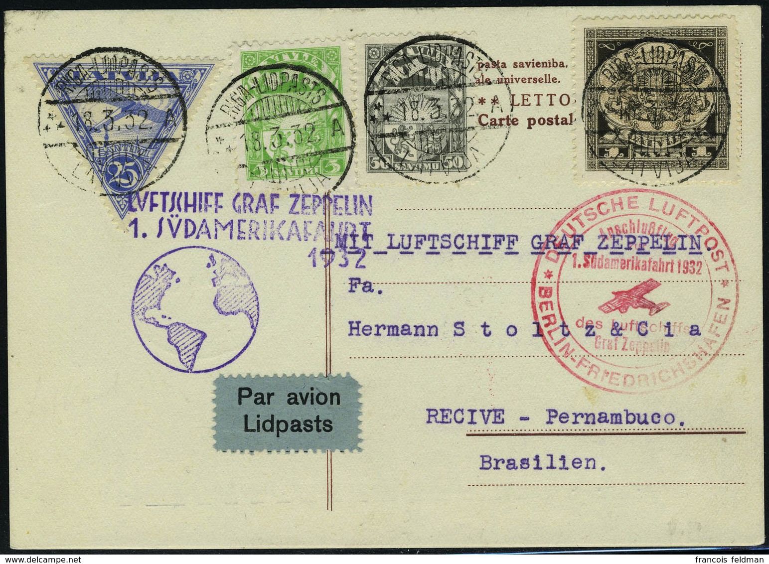 Lettre N° 5, + 3 TP Complément D'affranchissement Sur CP, Zeppelin 1 SAF 1932, Càd Riga 18.3.32 Pour Récife Pernambuco,  - Sonstige & Ohne Zuordnung