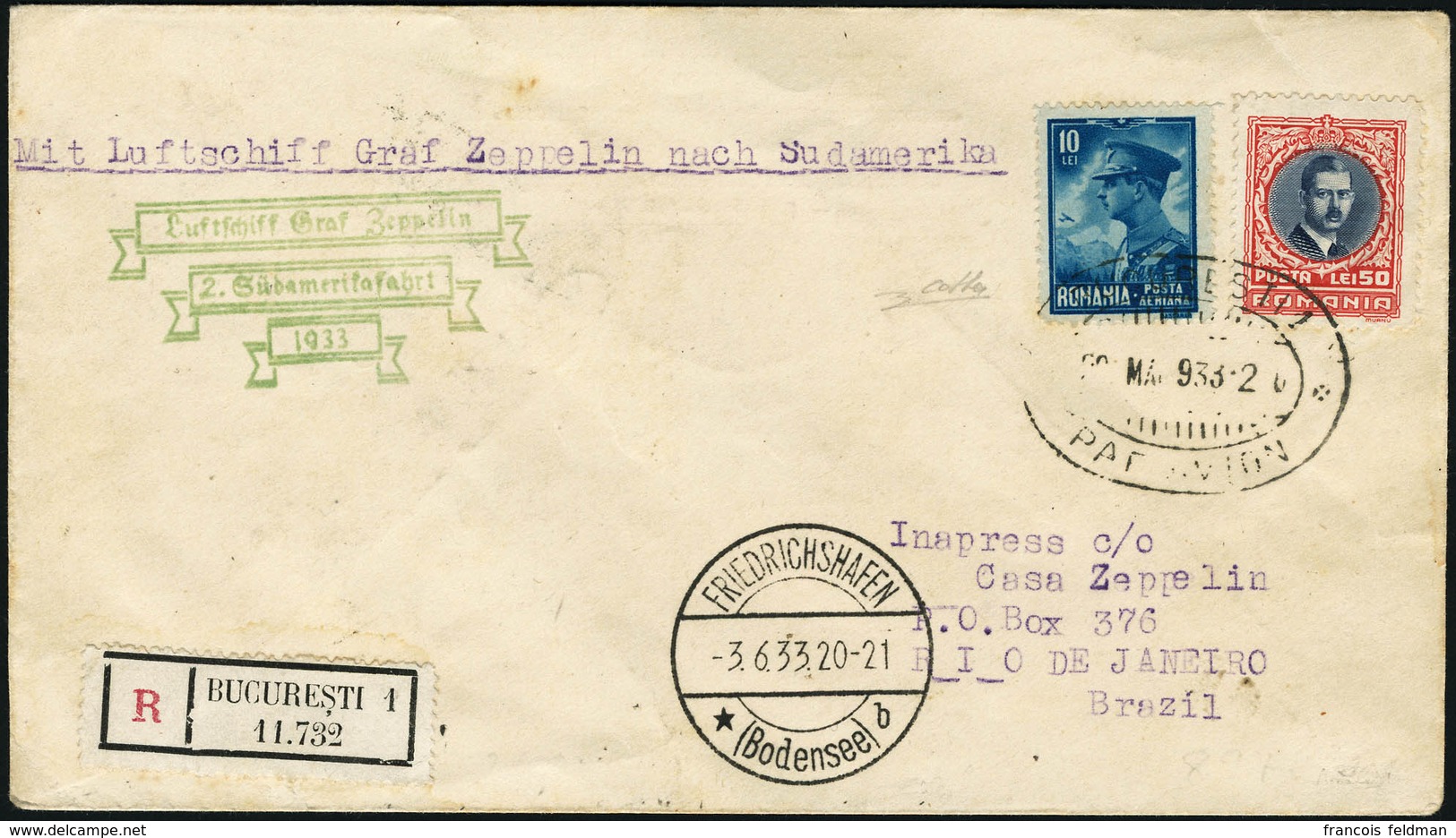 Lettre Zeppelin. 2è SAF 1933. LR De Bucarest (29 Mai 1933) Pour Rio De Janeiro. CàD Friedrischshafen (3.6.33) Arrivée Le - Autres & Non Classés