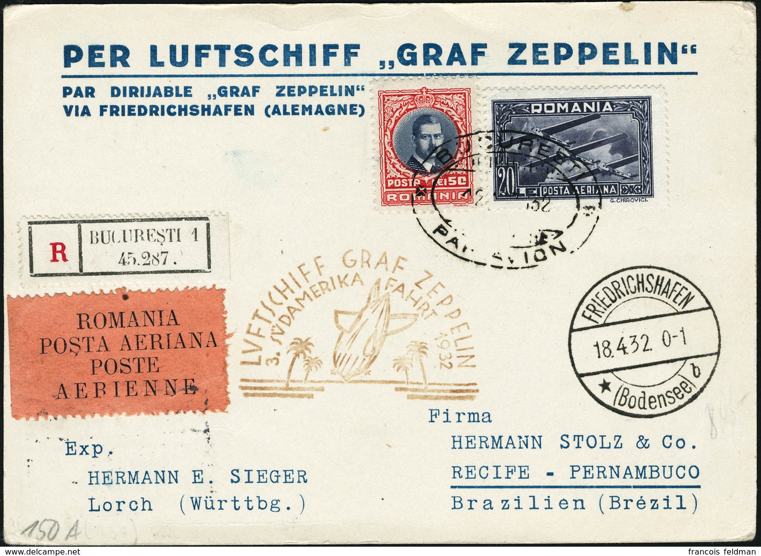 Lettre Zeppelin. 3è SAF 1932. C.P. Imprimée Recommandée De Bucarest 12.4.32. CàD De Friedrichshafen 18.4.32. Au Verso Cà - Sonstige & Ohne Zuordnung