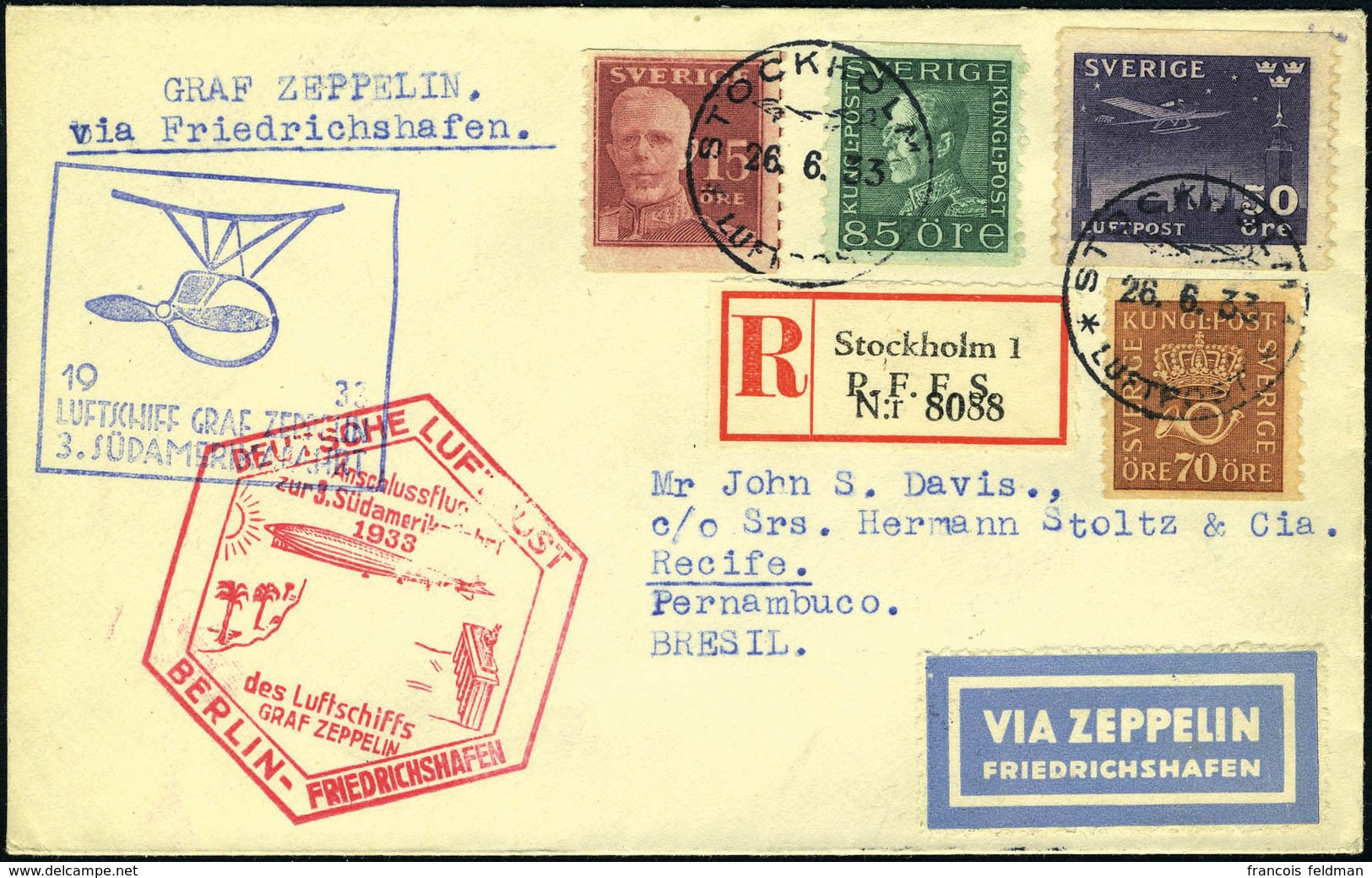 Lettre Zeppelin 3 SAF 1933, Lettre Recommandée De Stockholm (26.6.33) Càd Berlin C Et Berlin - Sassnitz Hafen Du 27.6.33 - Altri & Non Classificati