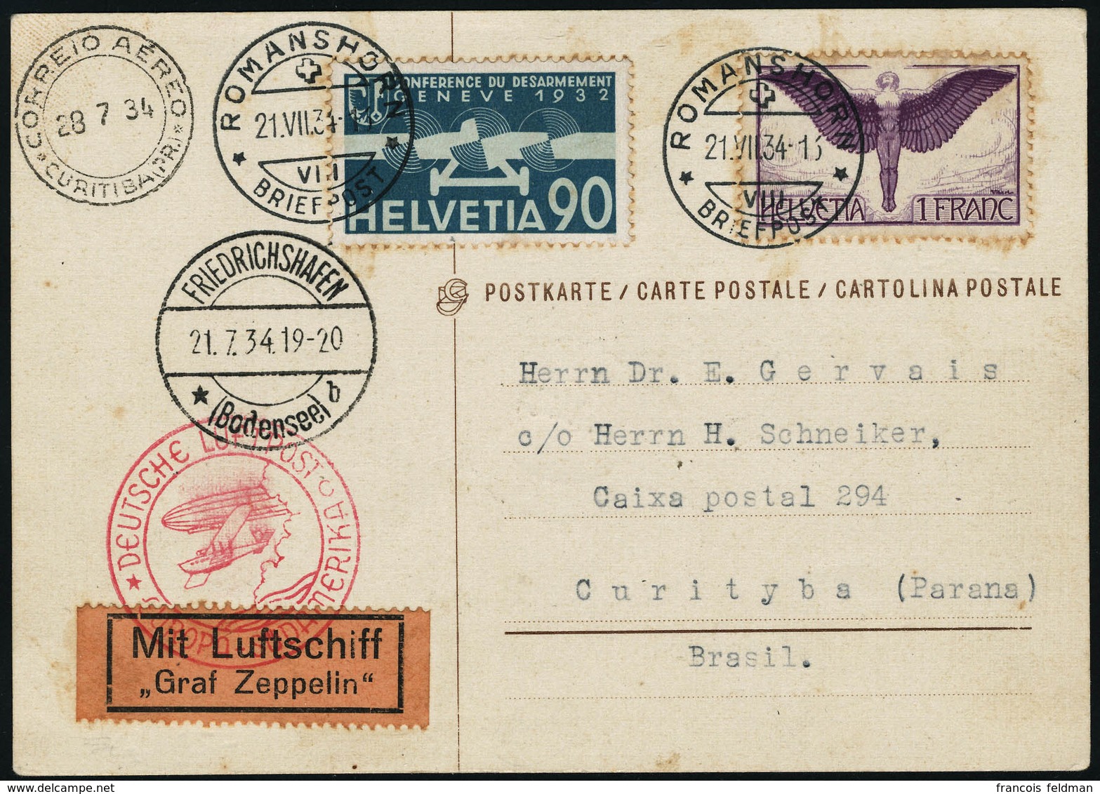 Lettre Zeppelin. C.P. Avec CàD Romanshorn 21.VII.34. Cachet Illustré Europa-Südamerika. CàD De Transit Friedrichshafen 2 - Other & Unclassified