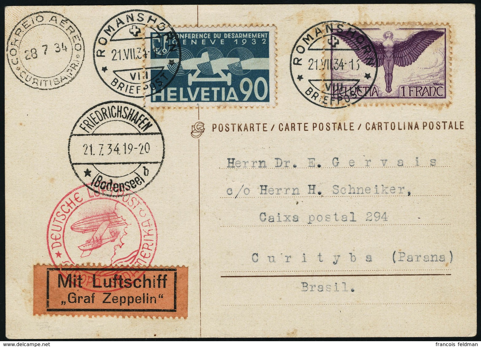 Lettre Zeppelin. C.P. Avec CàD Romanshorn 21.VII.34. Cachet Illustré Europa-Südamerika. CàD De Transit Friedrichshafen 2 - Altri & Non Classificati