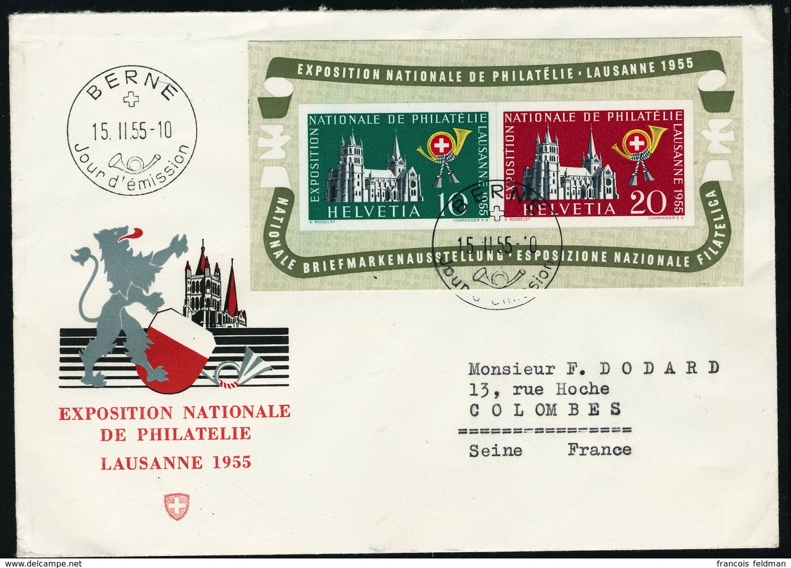 Lettre N°15. Le Bloc LAUSANNE S/FDC Officielle. Obl. Bern 15/11/55. T.B. (Cat. Suisse 210 FS) - Altri & Non Classificati