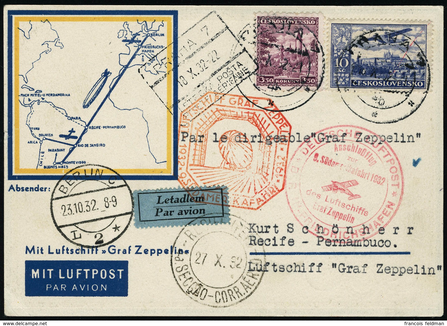 Lettre Zeppelin. 9. SAF 1932. C.P. Illustrée Au Recto. CàD Praha 18.X.32. CàD De Transit De Berlin (23.10.32) Et Berlin- - Altri & Non Classificati