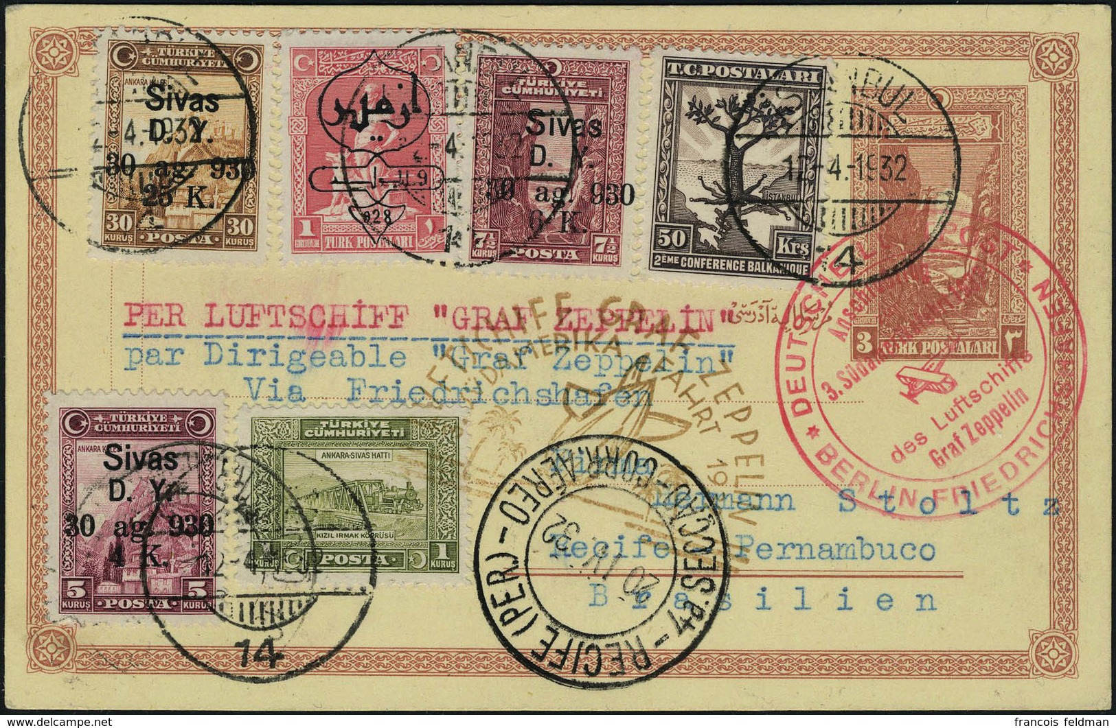 Lettre Zeppelin SAF 1932, E Postal + Affranchissement Complementaire, Càd Istambul 12.4.1932 + Cachet Rouge Berlin Fried - Sonstige & Ohne Zuordnung