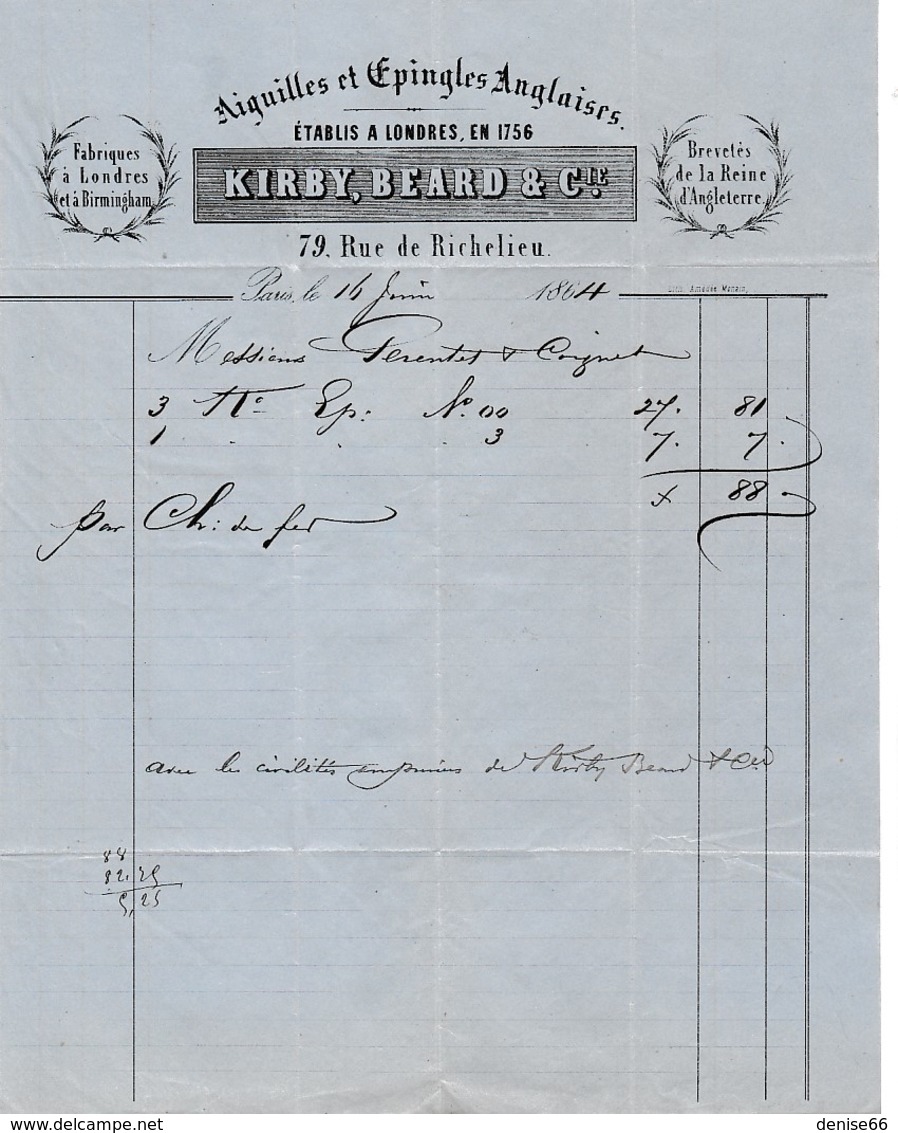 1864- Paris Rue De Richelieu - AIGUILLES Et EPINGLES ANGLAISES - KIRBY, BEARD & Cie - Etablis à Londres En 1756 - Documentos Históricos