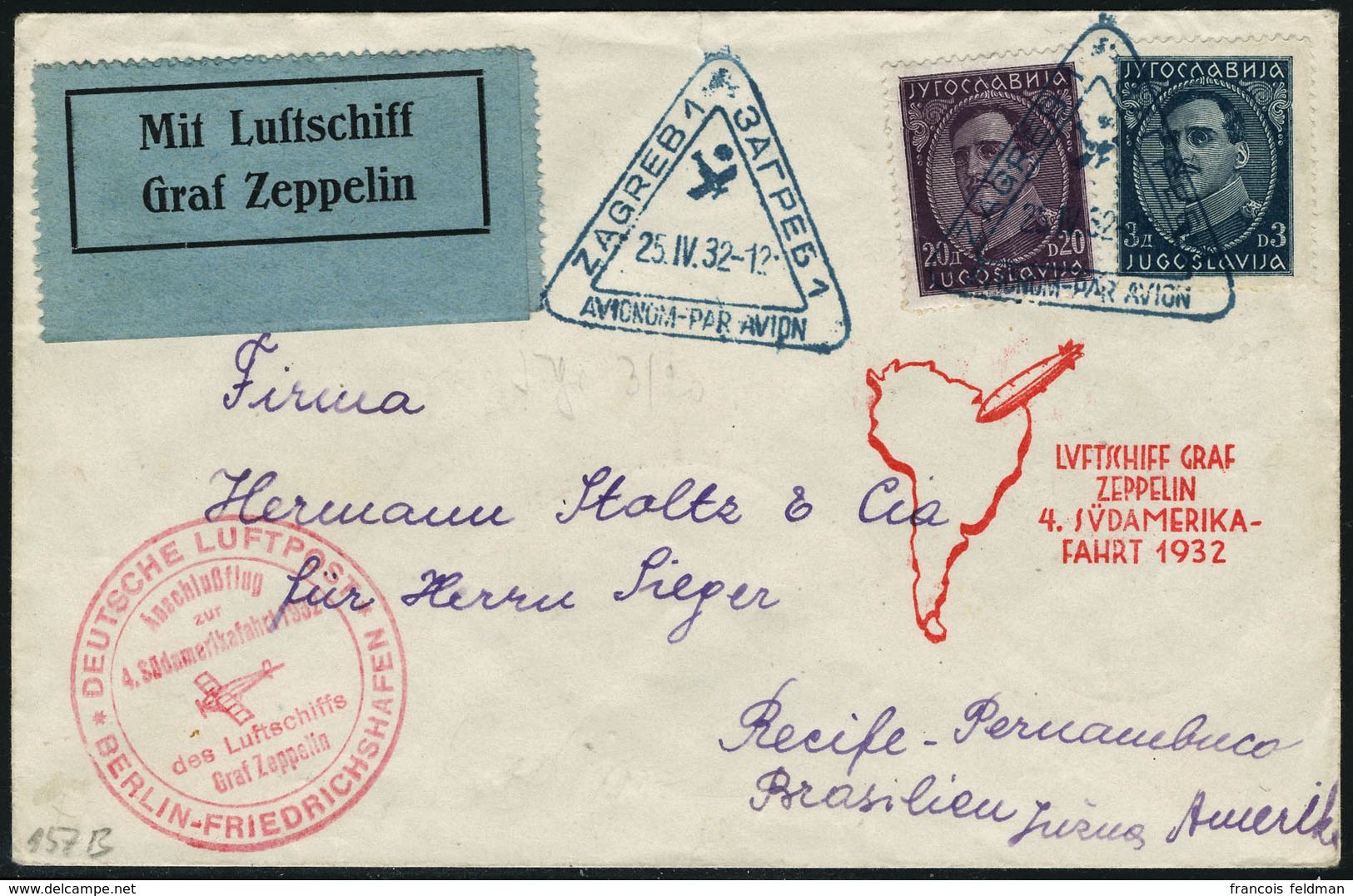 Lettre Zeppelin. 4° SAF 1932. Lettre Avec CàD Triangulaire Zagreb 25.IV.32. Cachet De Transit Berlin-Friedrichshafen. Po - Altri & Non Classificati