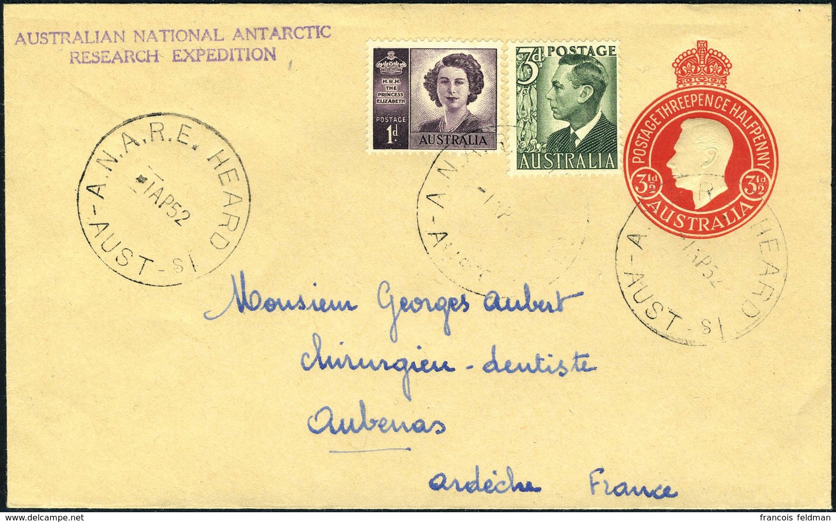 Lettre N° 155 + 173c, Sur Entier Postal à 3 1/2p, Càd A.N.A.R.E. HEARD Is -AUST-1 AP 52, Cachet Australian Antarctic Res - Sonstige & Ohne Zuordnung