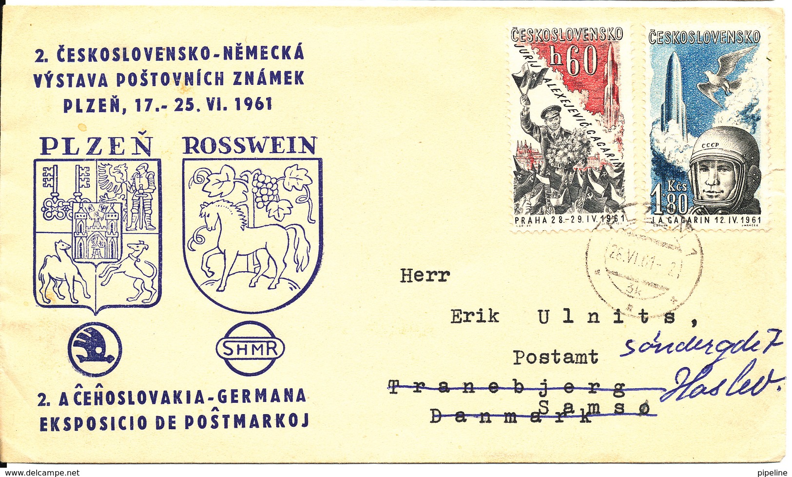 Czechoslovakia Cover 1961 Sent To Denmark With Cachet And  Astronaut GAGARIN Stamps (there Is A Little Tear On The Stamp - Covers & Documents