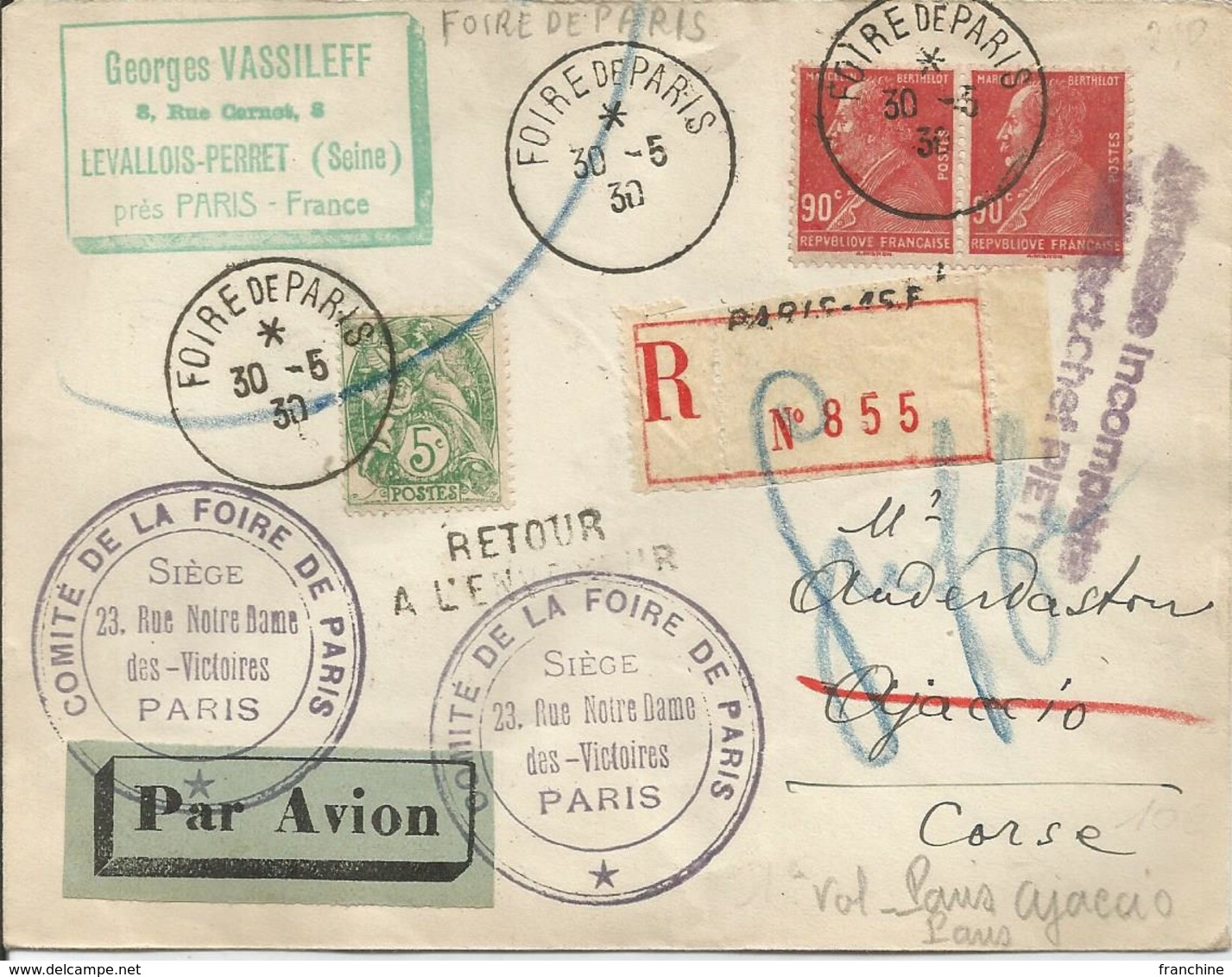 1930 - N° 243 (x2) Et 111 Oblitérés (o)  Sur Lettre RECOMMANDEE  PAR AVION - FOIRE DE PARIS 30/05/1930. Vol PARIS -AJACC - Covers & Documents