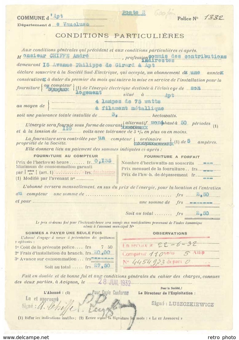 Commune D'Apt , Conditions Particullières, Abonnement  Sud Electrique , Avignon - Non Classés