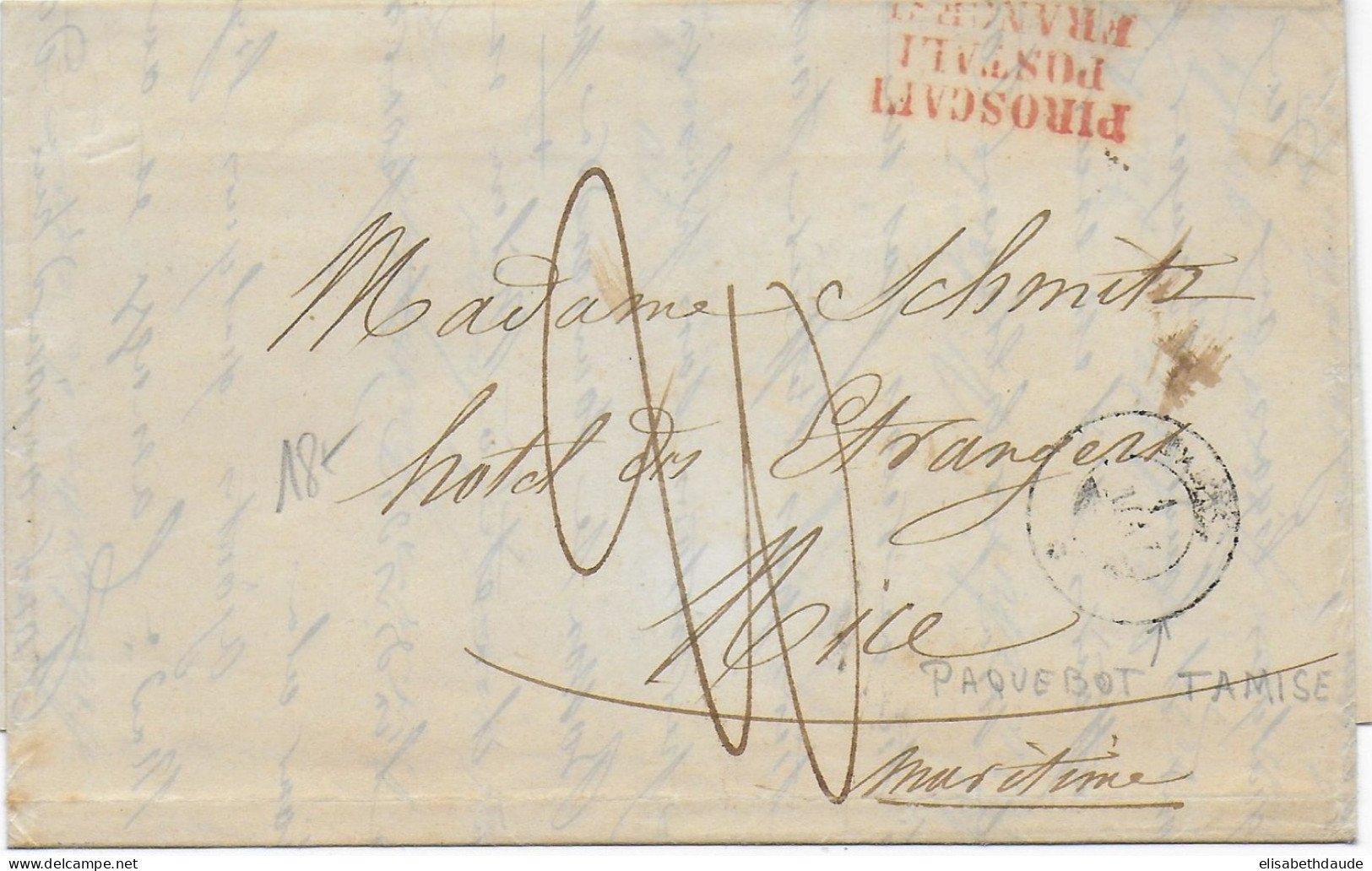 1856 - LETTRE De CONSTANTINOPLE (TURQUIE) Avec CACHET MARITIME Du PAQUEBOT MEDITERRANEE "TAMISE" + "PIROSCAFI.." => NICE - Maritime Post