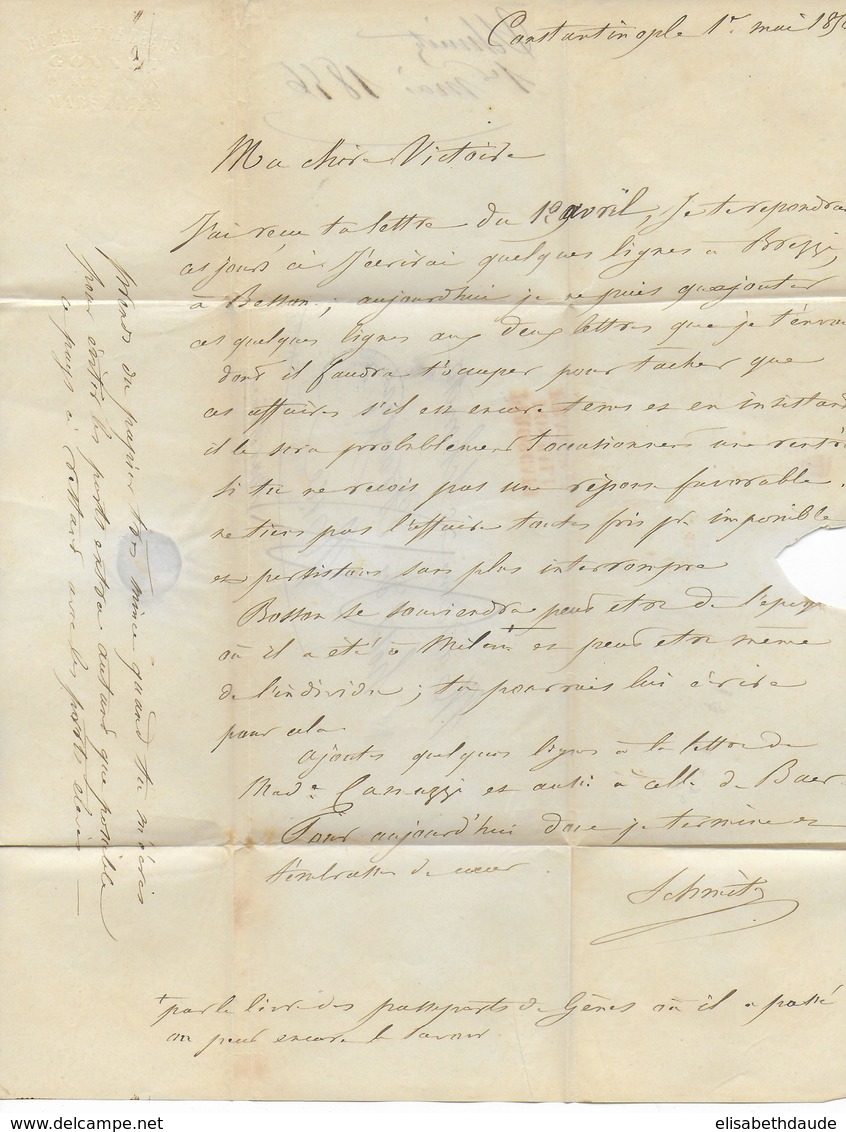 1856 - LETTRE De CONSTANTINOPLE (TURQUIE) Avec CACHET MARITIME Du PAQUEBOT MEDITERRANEE "TAMISE" + "PIROSCAFI.." => NICE - Maritime Post