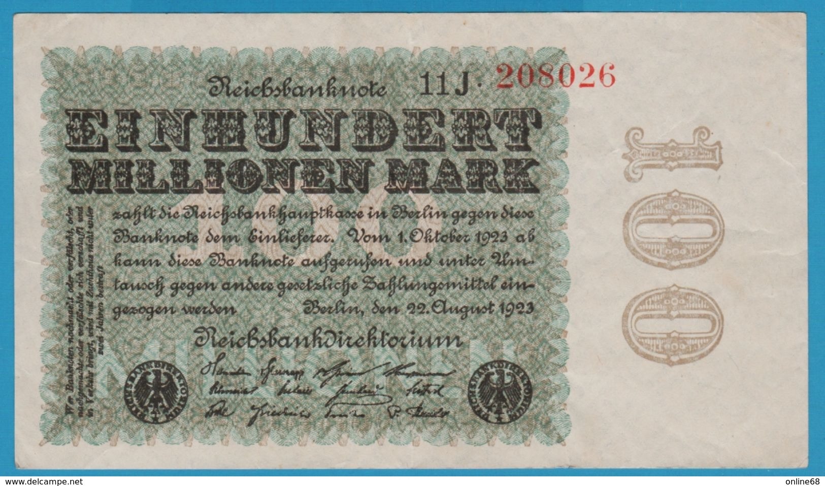 DEUTSCHES REICH 100 MILLIONEN Mark 22.08.1923 SERIE 11J.208026 P# 107c - 100 Millionen Mark