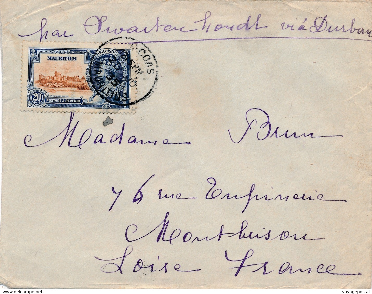 Lettre Vacoas 20c Postage Via Durban Pour Montbrison France - Maurice (...-1967)